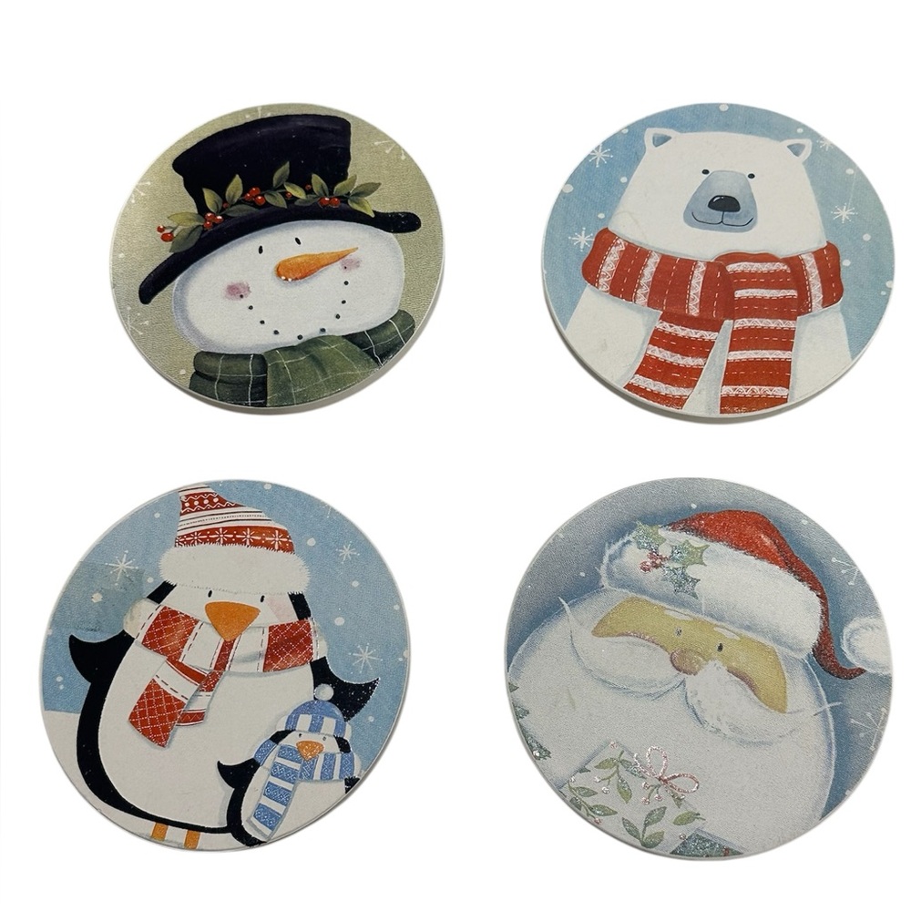 Four Holiday/Seasonal Ceramic Coaster. 4 inch Diameter.‎ Christmas Theme